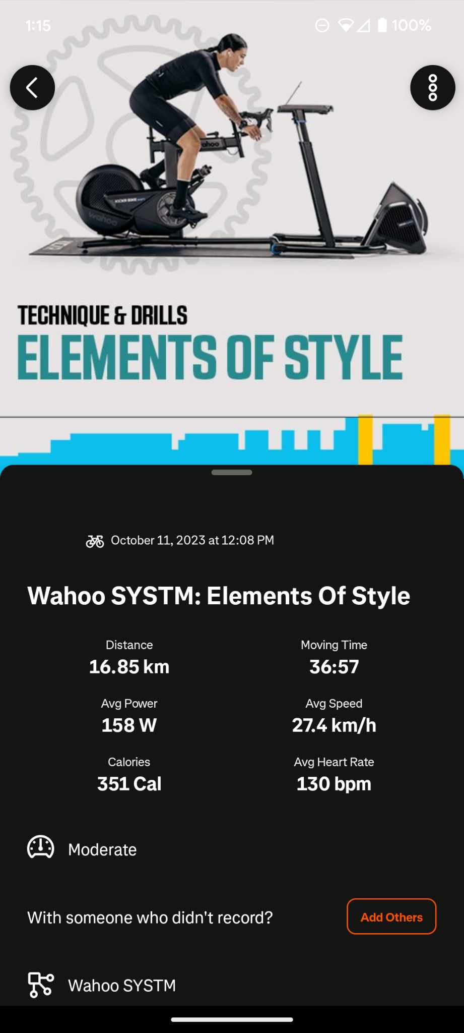 Screenshot of a Wahoo activity on Strava, showing a banner with someone riding a Wahoo Kickr with the text "Technique & Drills Elements of Style". The activity's title is "Wahoo SYSTM: Elements of Style"