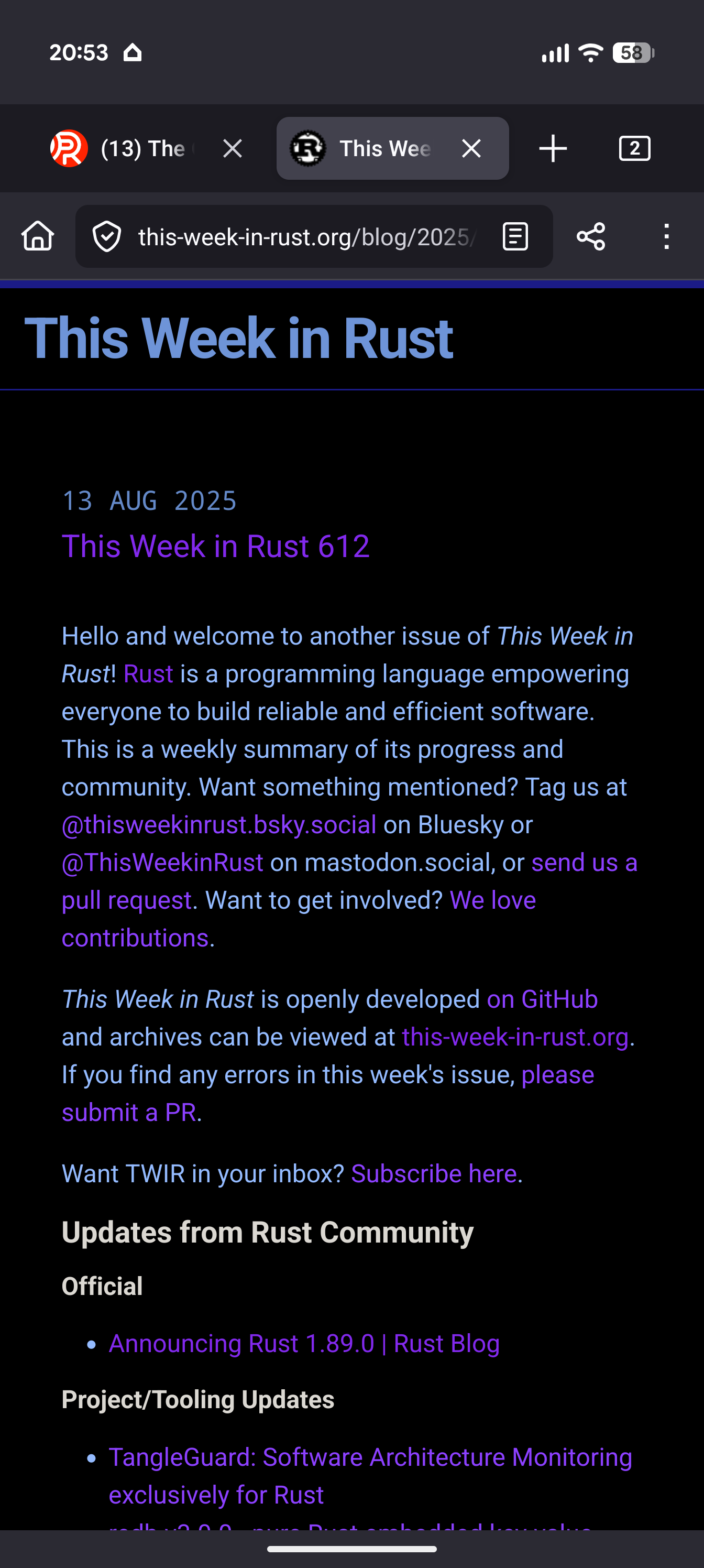 Screenshot of Firefox Nightly for Android, showing a tab bar.