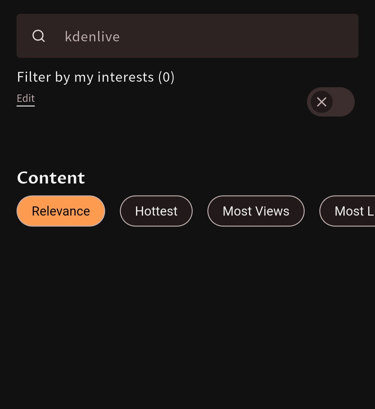 My account at the appsearch not finding one video for the search string "kdenlive"