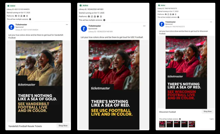 Three screenshots of different emails from Ticketmaster showing the same three people, but with the colours of their clothing changed. The caption beneath follows the formula laid out in the previous paragraph