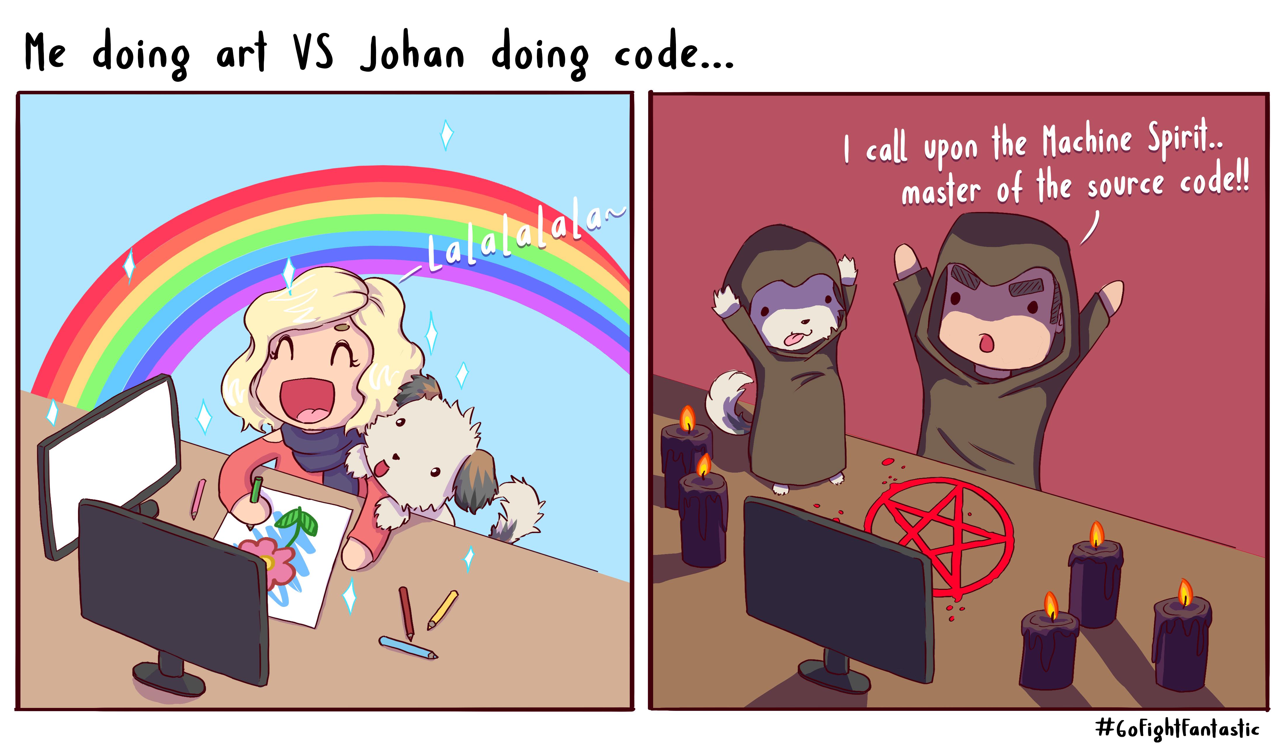 comic illustrates the humorous contrast between artistic creativity and programming. The left shows a cheerful artist drawing with a rainbow and puppy nearby. The right portrays a coder invoking a "Machine Spirit" with dark themes. (Note: alt text generated with Google's ai overview)