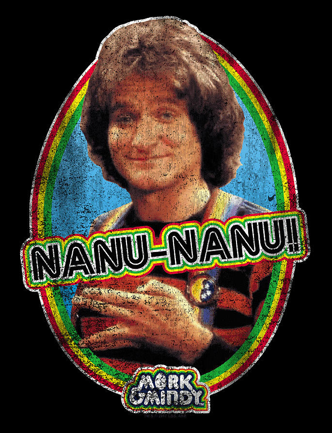 vintage t-shirt graphic of robin William’s smirking framed by a ludicrous amount of blow-dried hair wearing a Lycra onesie and holding up a lewd alien gesture captioned “nanu nanu!” and bearing the trademark “mork and Mindy” television show logo in a garish vignette and matching font of cliched mid-70s tobacco stain-colored banded gradient