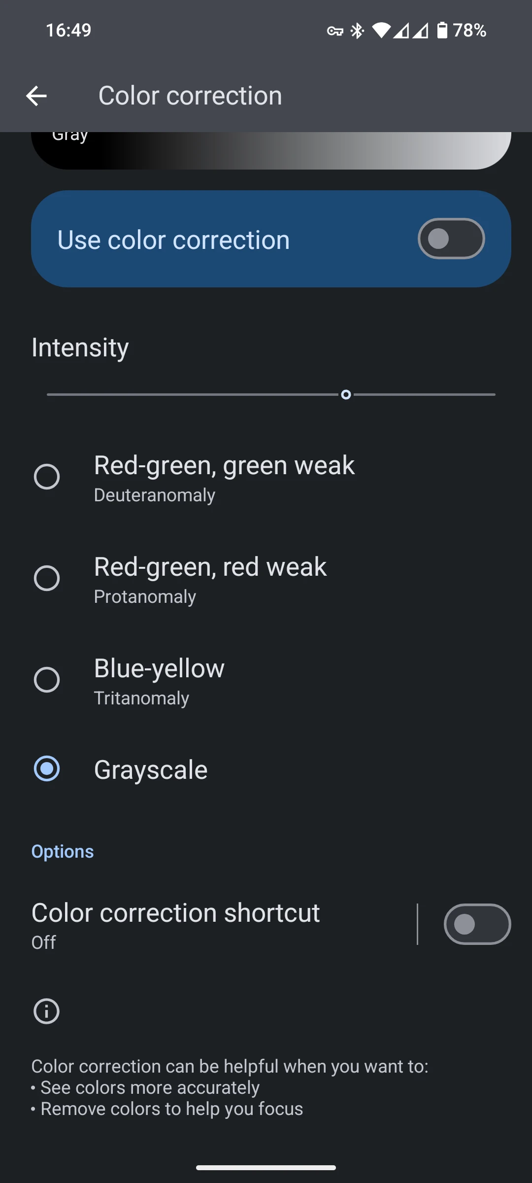 android accessibility settings showing the option to set the ui to, among other options, greyscale