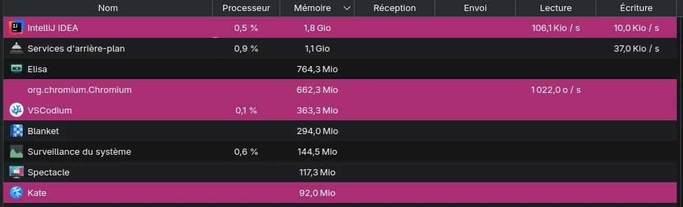 Screenshot of the KDE System Monitor, showing IntelliJ IDEA taking 1.8 GiB of RAM, VSCodium taking a total of 1.0 GiB, and Kate taking 92.0 MiB