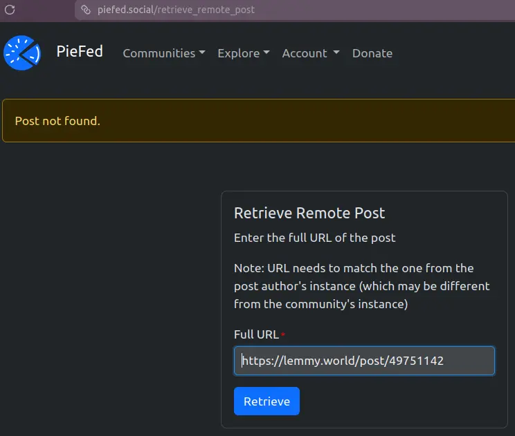 Piefed.social - "Post not found"