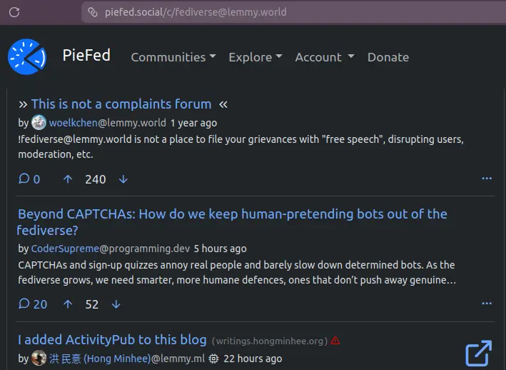 Fediverse@lemmy.world viewed via Piefed.social - post missing