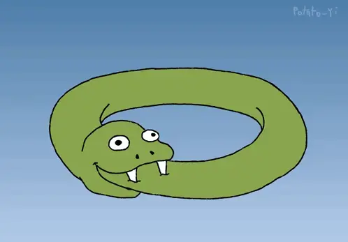 stupid comic style drawing of a snake with a derpy face eating its own tail