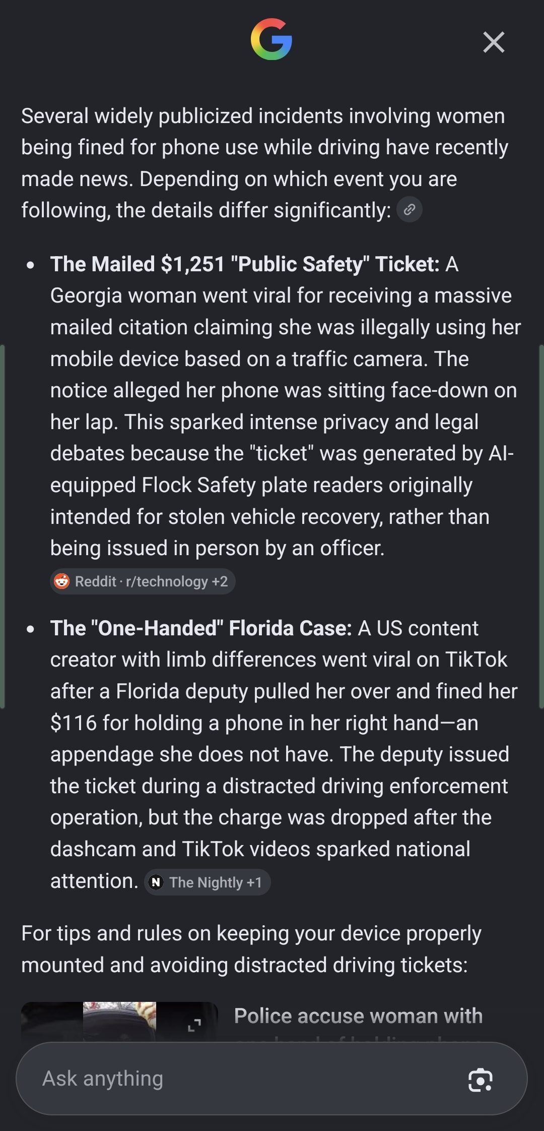 A screenshot of googles ai summary for the search term "Georgia woman fined holding phone"