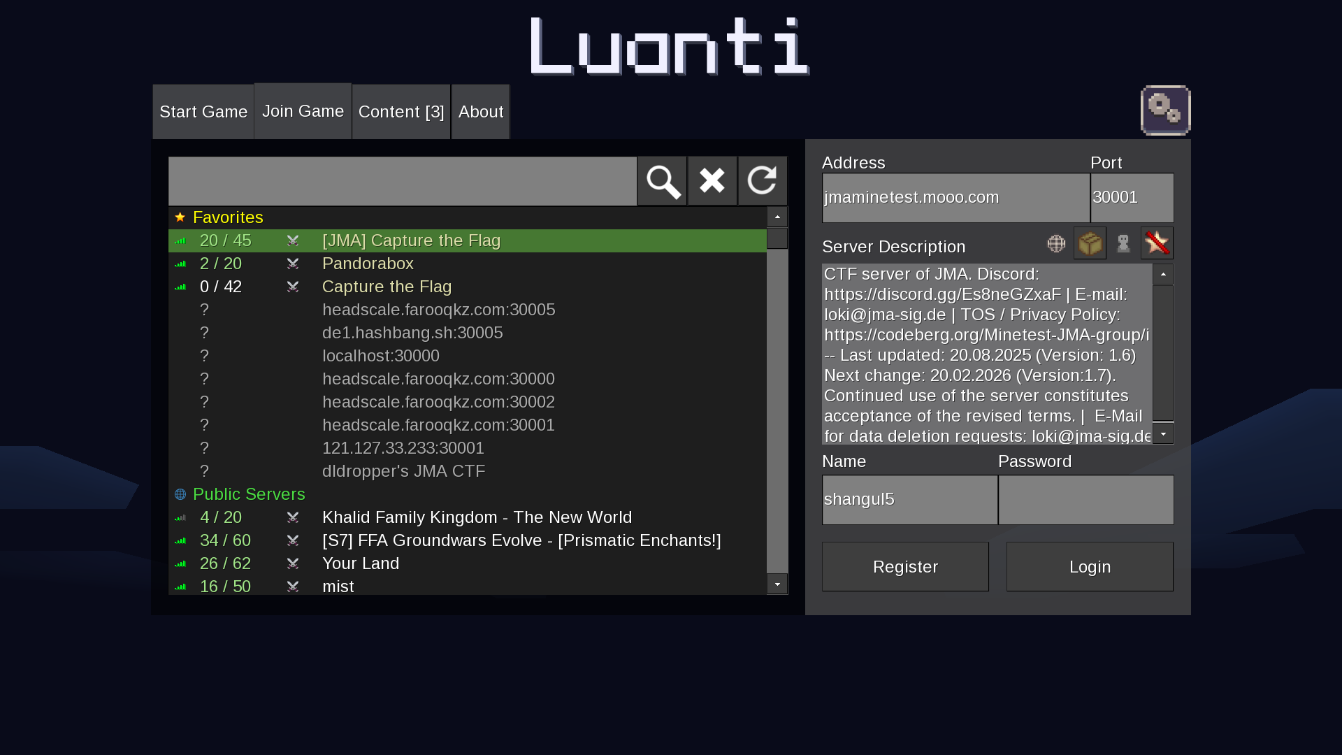 Showing server list in Luanti