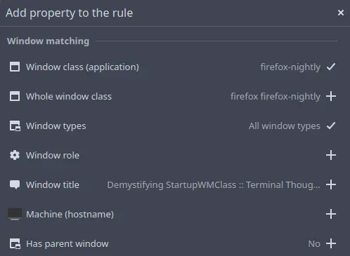Screenshot showing the window properties of firefox nightly in the KDE system settings