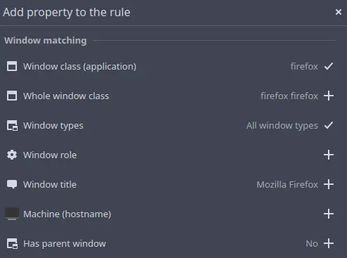 Screenshot of the KDE system settings displaying properties of the normal non-nightly firefox window