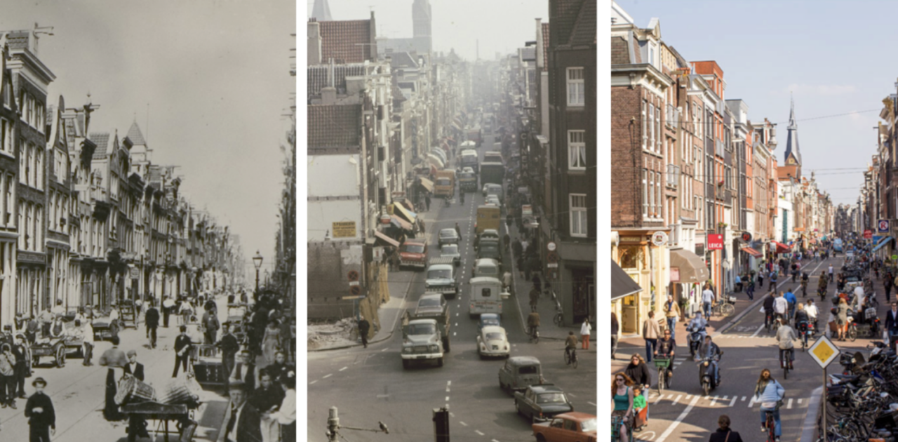 Amsterdam city streets with and without cars, before and after cycling infrastructure