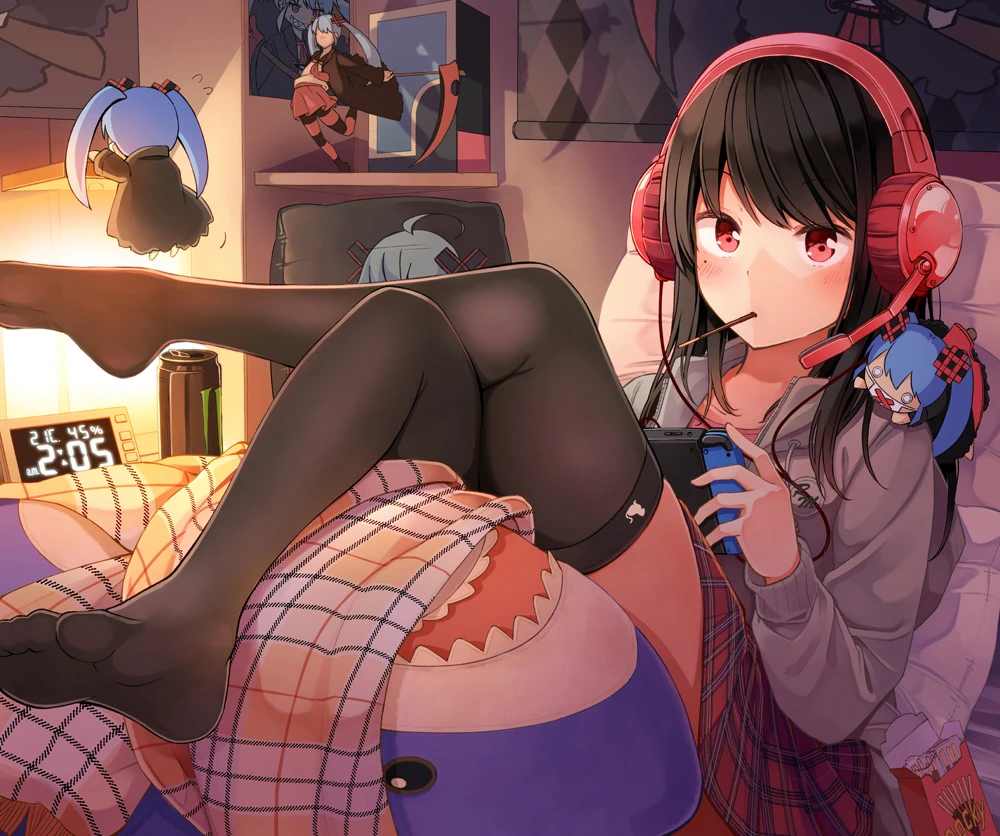 Anime girl wearing red headphones, gray jacket, red plaid miniskirt, and black thigh high socks lounging in a bedroom with moody lighting. She's reclining playing a handheld console, and a blahaj plushie wrapped in a blanket is blocking our view of her ass.